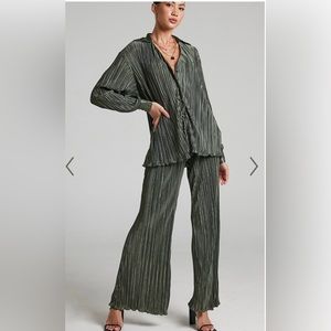 ShowPo BECA PLISSE BUTTON UP SHIRT and pant set IN OLIVE